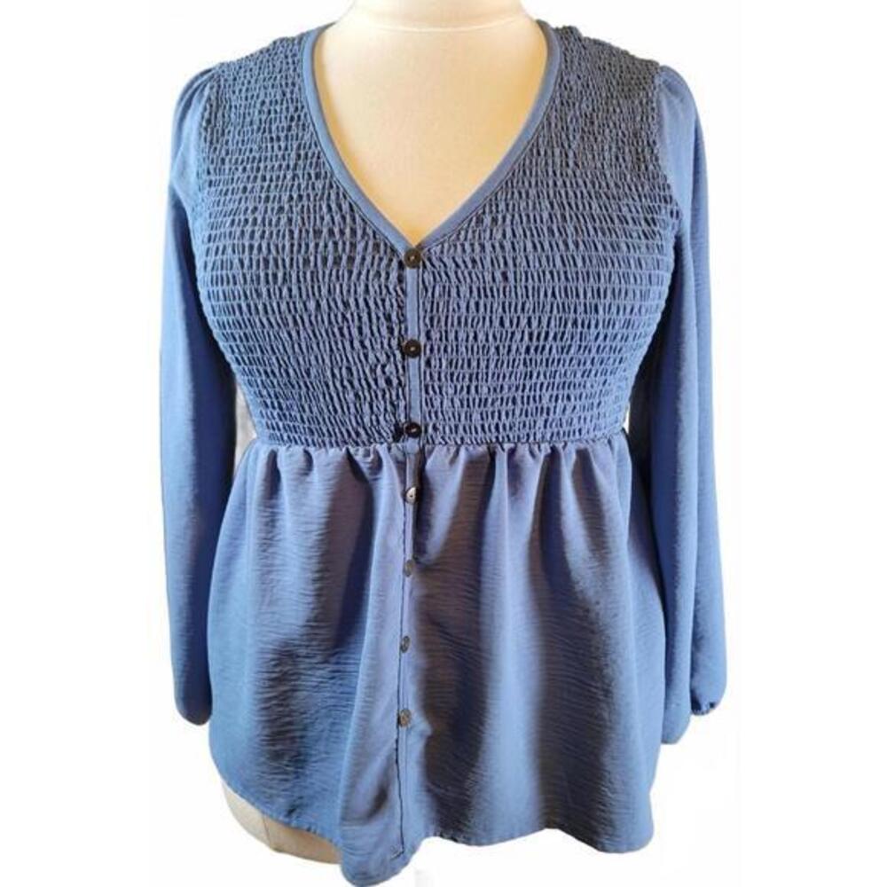 Jolie & Joy Womens Plus 3X Blue Smocked Peplum Button Down Blouse